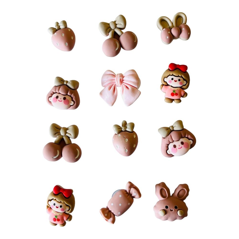 NEW Pink Cherry Resin SHOE CHARMS 12pc for Croc Shoes Zippers + Strawberry Girl